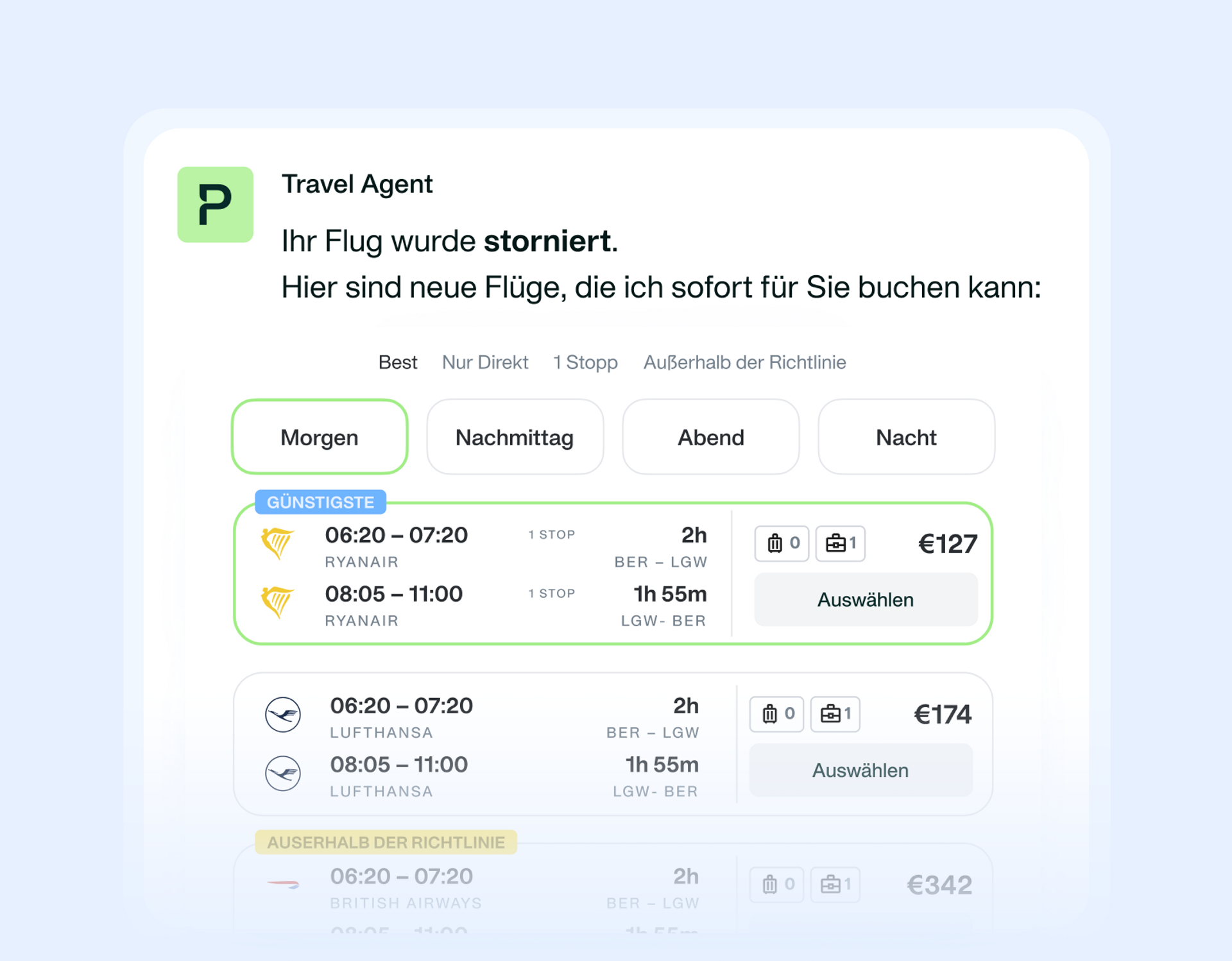 Bild, das den Payhawk Travel Agent zeigt, der Optionen nach einem stornierten Flug anbietet