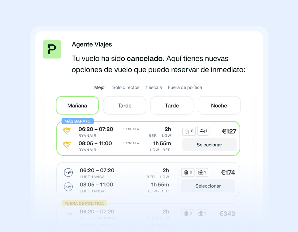 imagen que muestra el Agente IA de viajes de Payhawk en acción