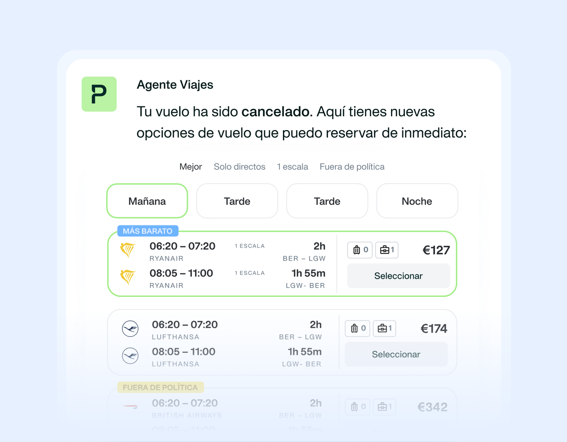 imagen que muestra el Agente IA de viajes de Payhawk en acción