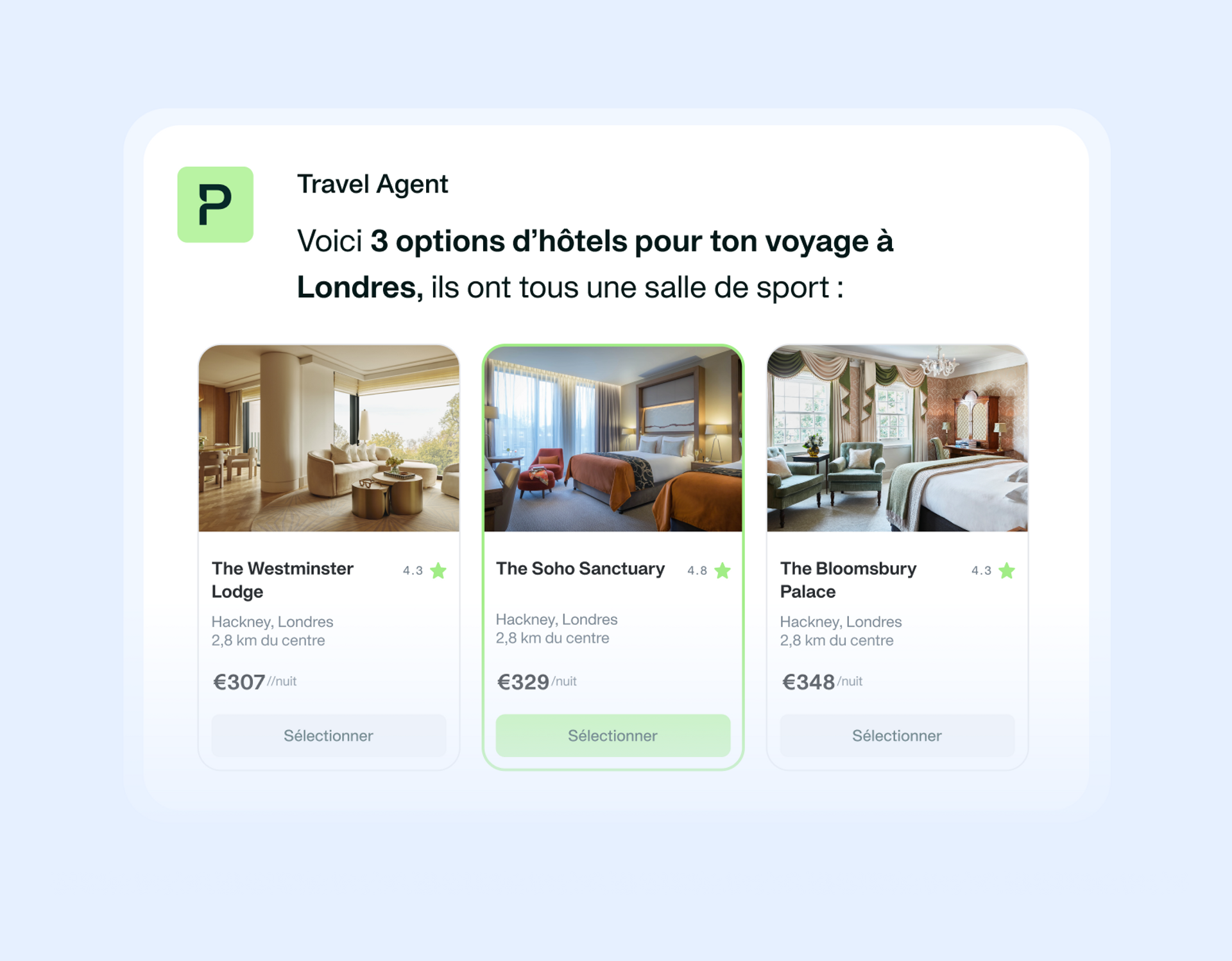 Image montrant l'agent IA Payhawk Travel proposant des options d'hébergement