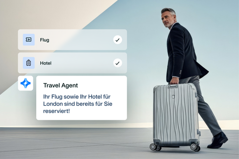 Eine Visualisierung des Payhawk Travel AI Agent, der die Buchung von Flügen und Hotels für einen Geschäftsreisenden bestätigt