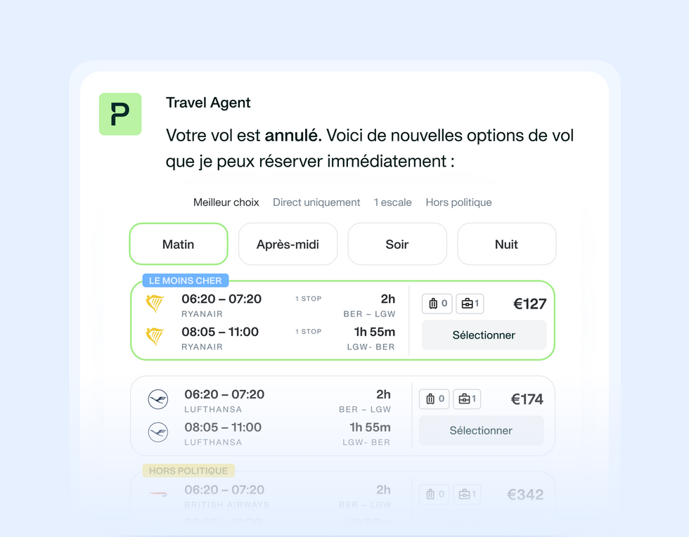 Image montrant l'agent IA Payhawk Travel proposant des options après l'annulation d'un vol