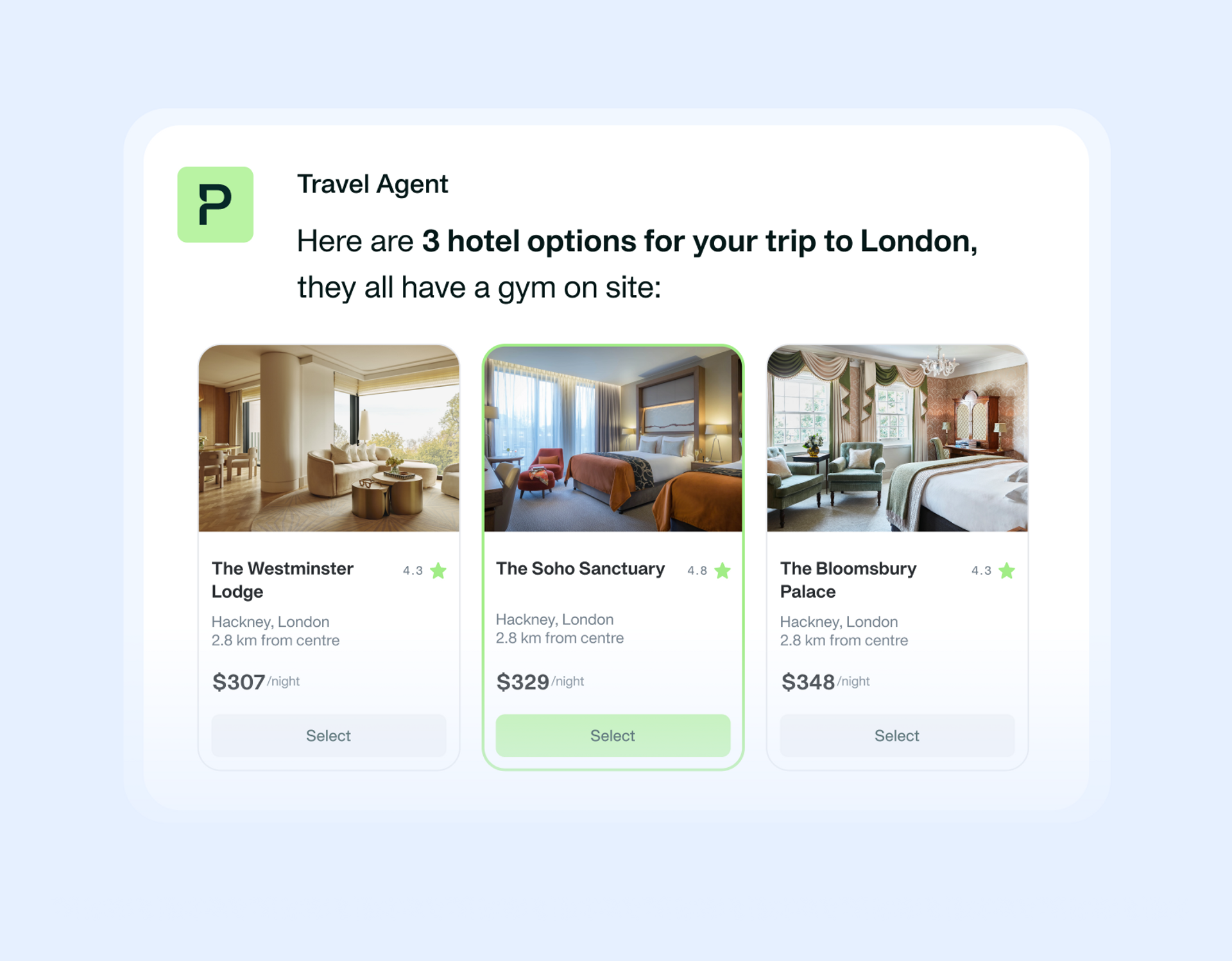 Image showing the Payhawk Travel AI Agent giving accommodation options