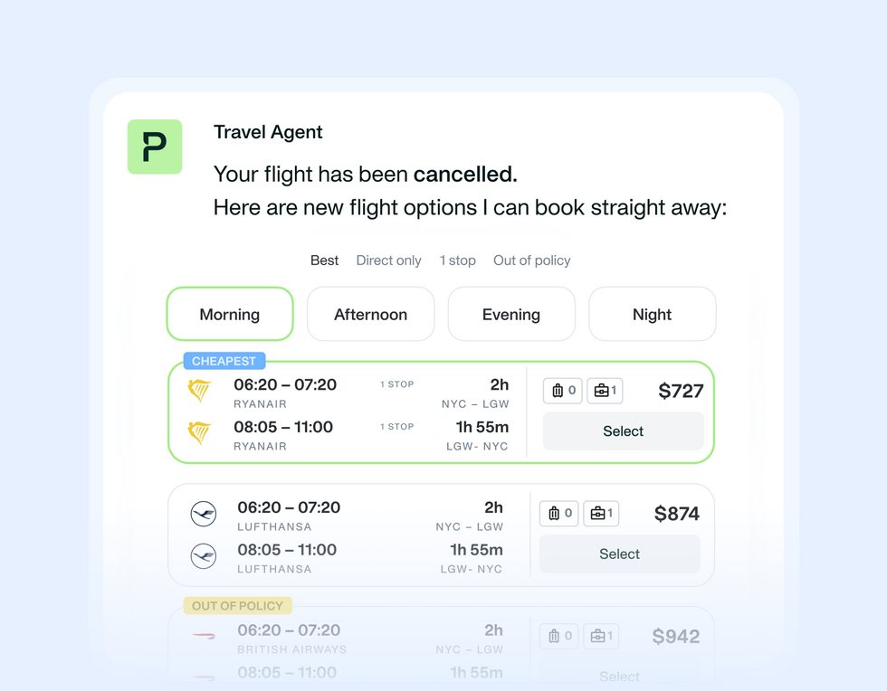 Image showing the Payhawk Travel AI Agent providing options after a cancelled flight