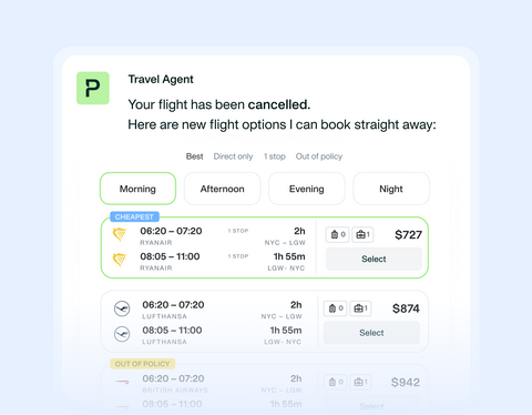 Image showing the Payhawk Travel AI Agent providing options after a cancelled flight