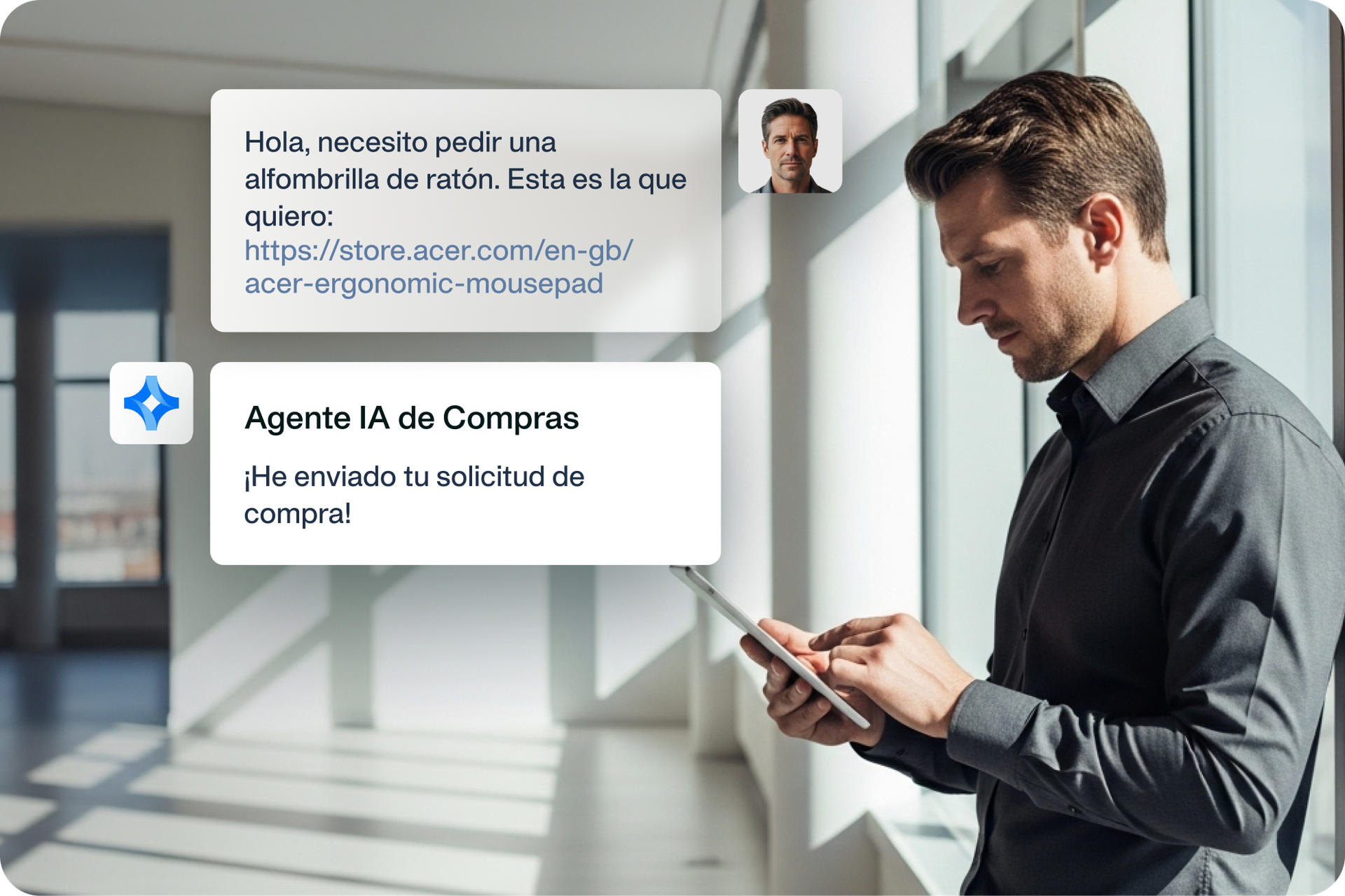 Empleado usando su móvil para enviar una solicitud de compra en Payhawk, con mensajes del Agente IA de Compras.