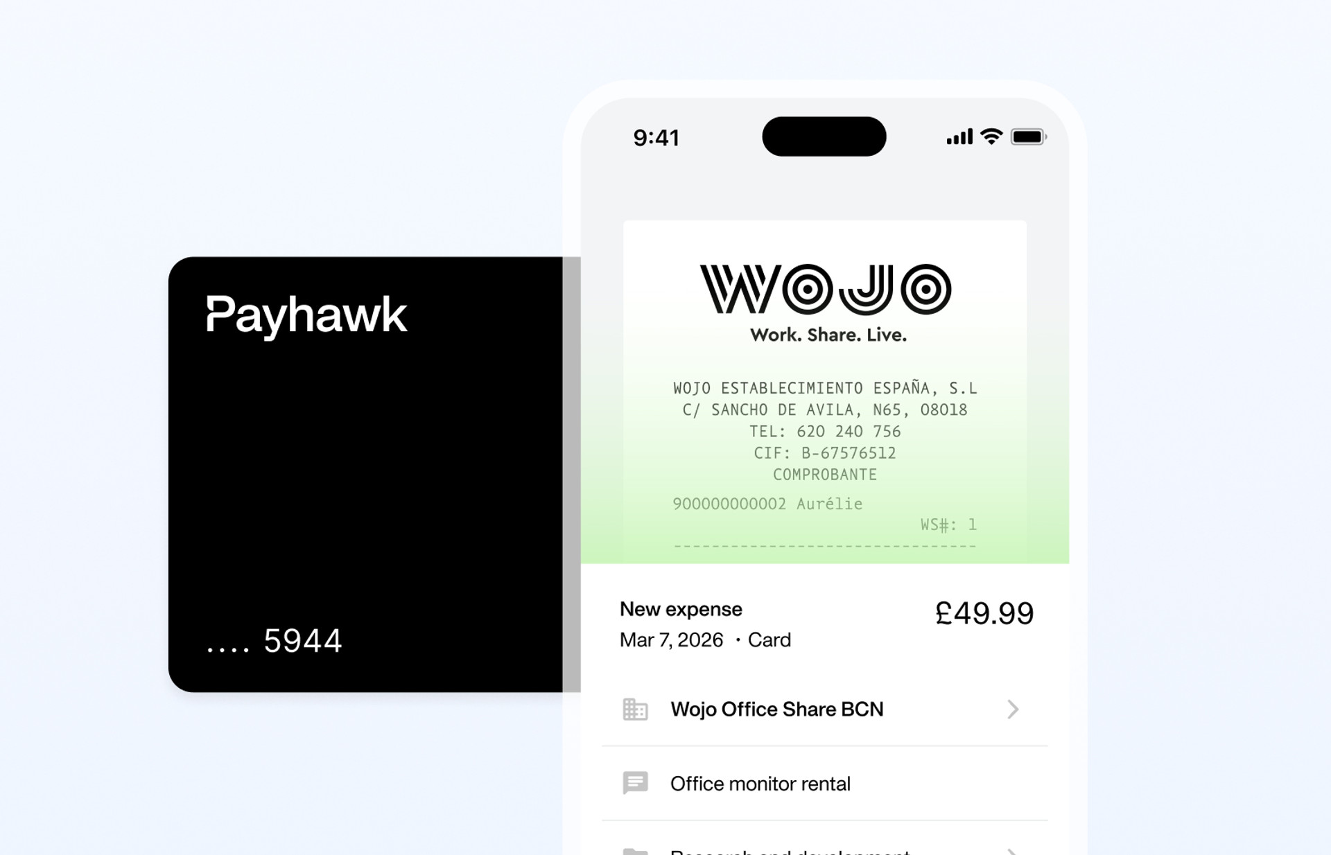 Payhawk corporate card and mobile app interface showing a digital receipt for automated expense management