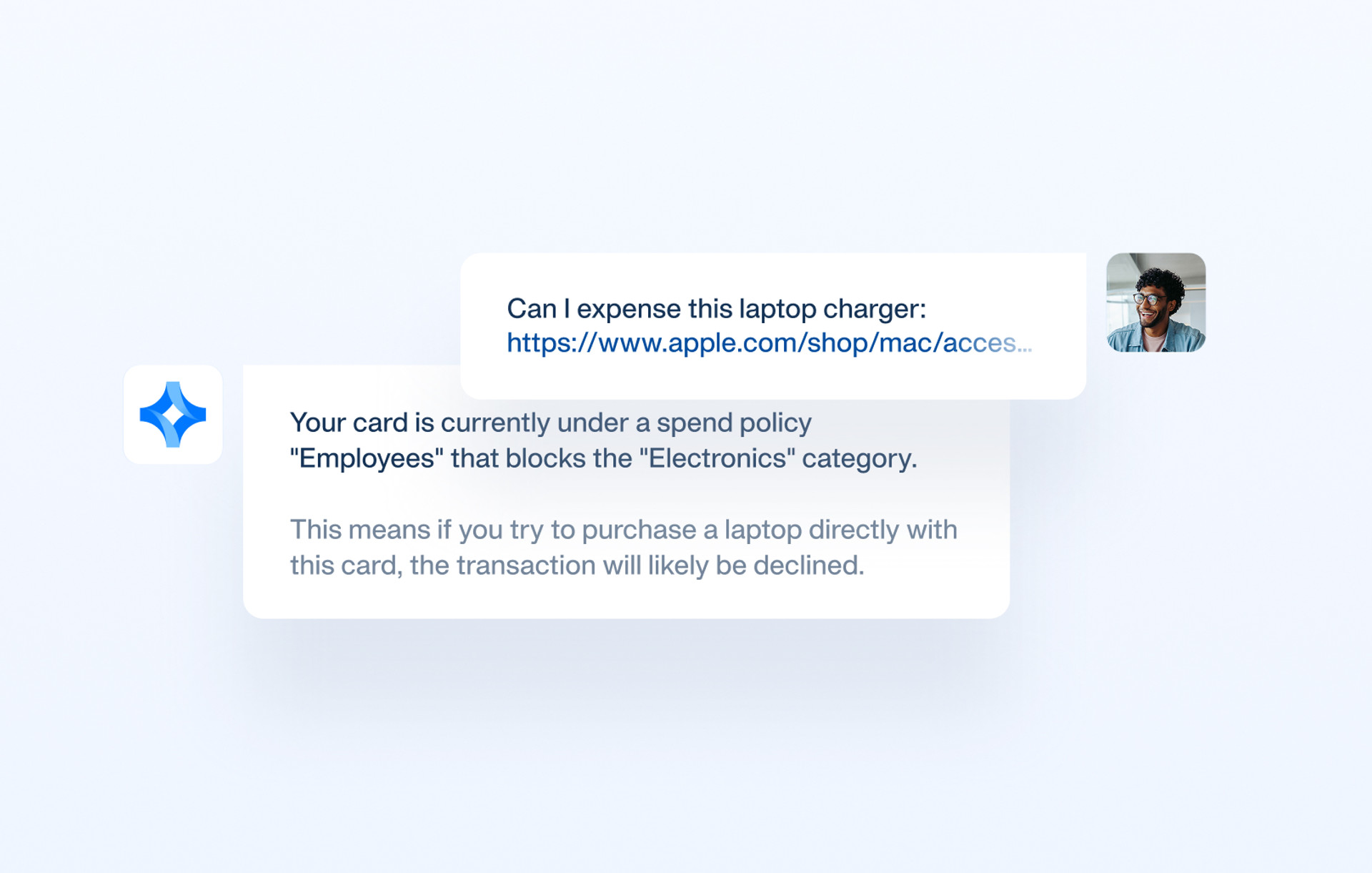 Payhawk interface showing an AI agent explaining a spend policy restriction on electronics in response to an employee query