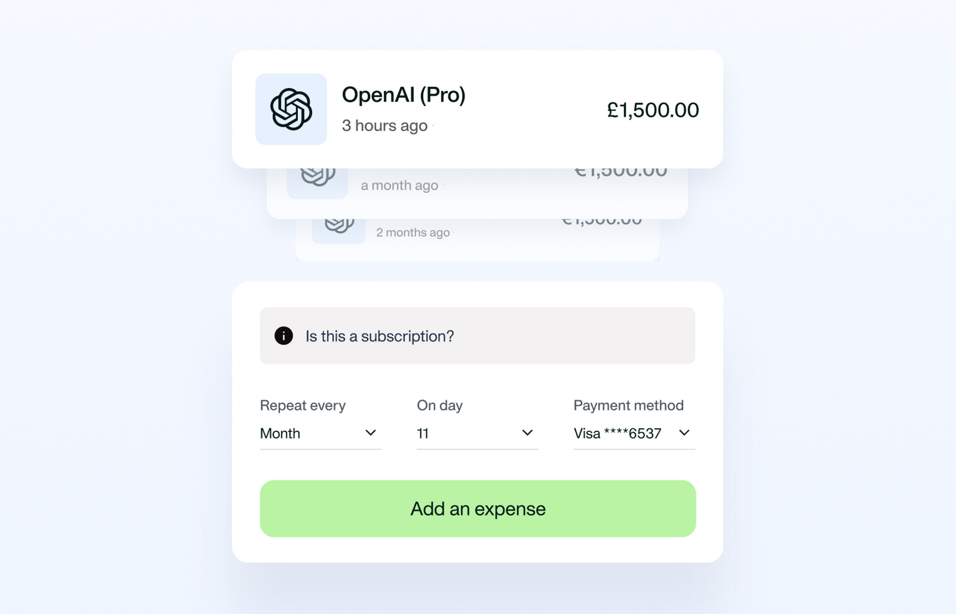 Payhawk interface showing a monthly subscription setup to track and control recurring costs