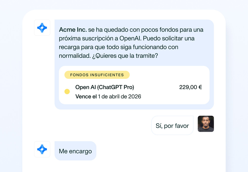 Imagen que muestra una conversación entre un empleado y el Agente IA para CFOs