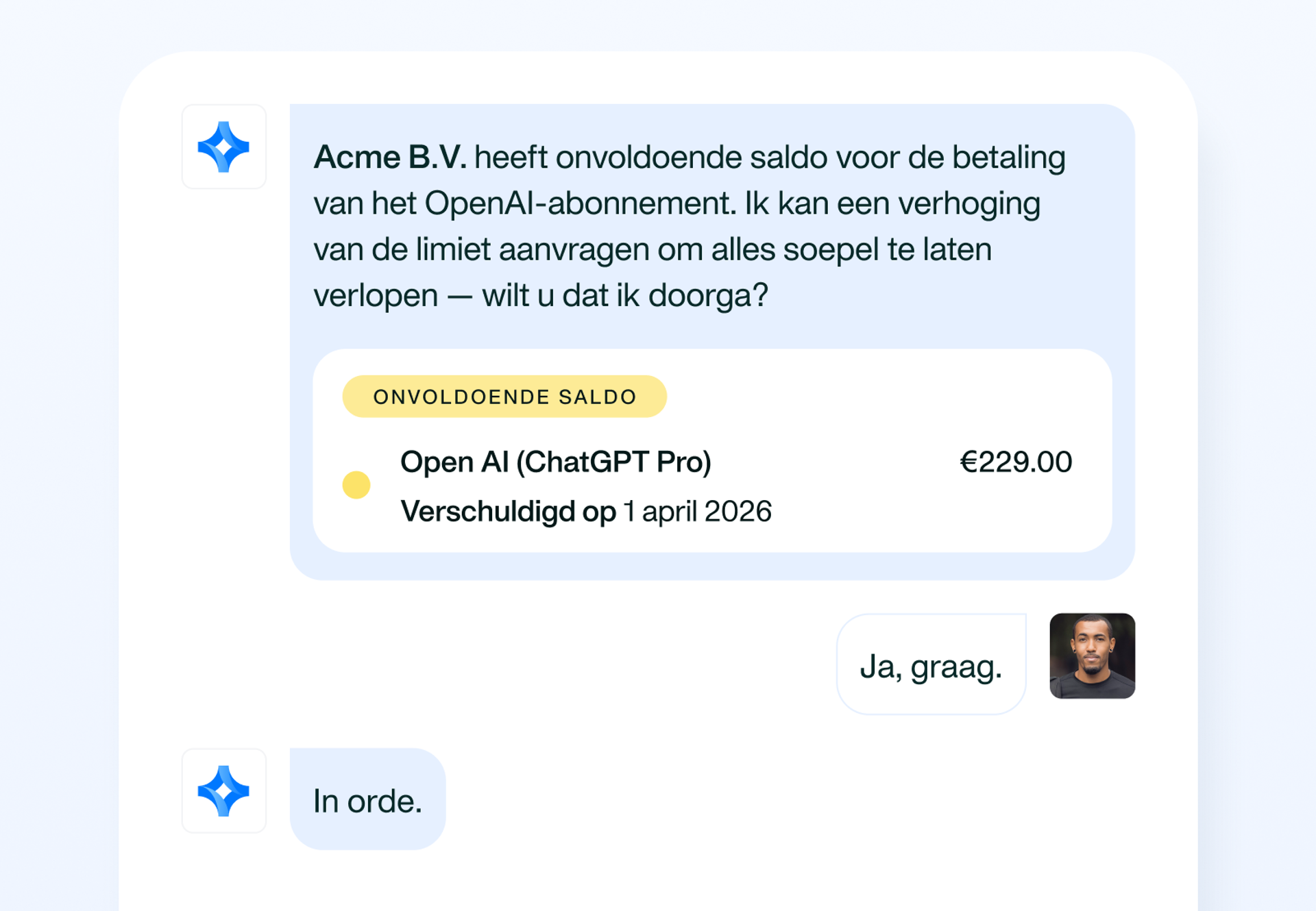 Afbeelding waarin Payments Agent antwoorden geeft op basis van beleid en betalingsrisico's signaleert