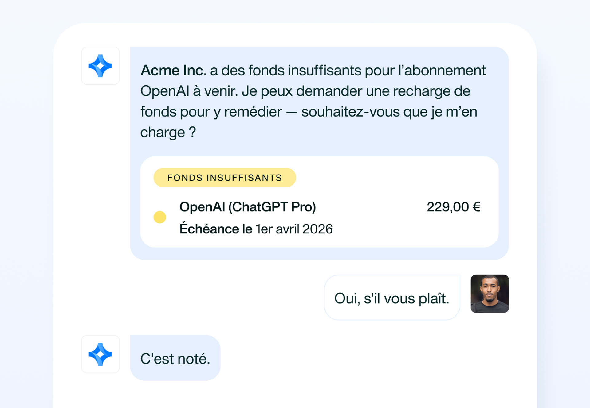 Visuel montrant comment Payments Agent fournit des réponses conformes à la politique interne et signale les risques liés aux paiements