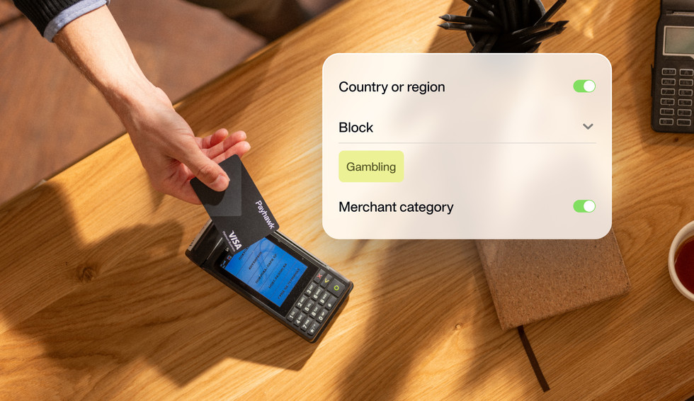 An image showing an employee swiping a Payhawk corporate card and a graphic showing the controls applied to it