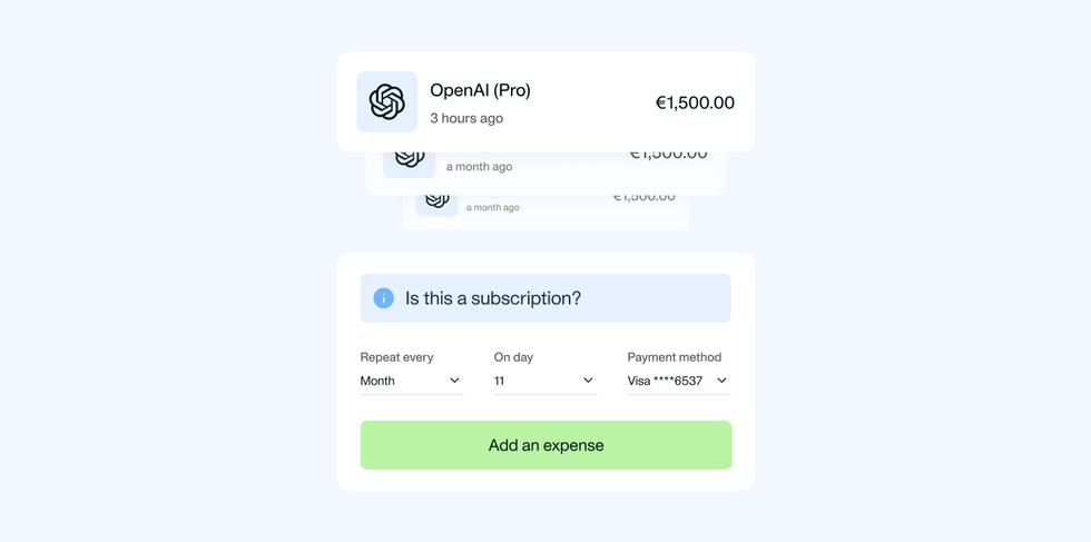 Payhawk interface showing a monthly subscription setup to track and control recurring costs