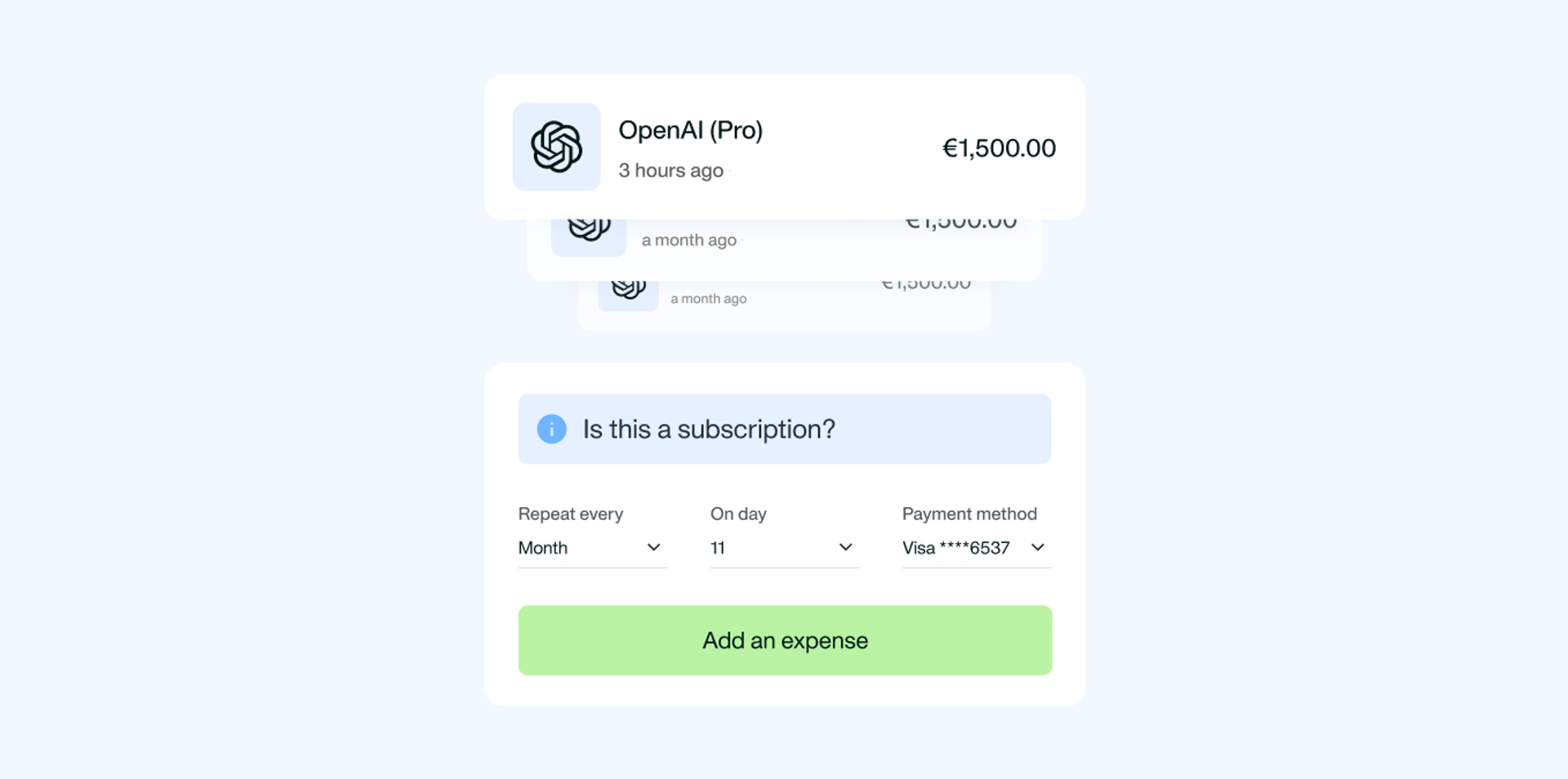 Payhawk interface showing a monthly subscription setup to track and control recurring costs