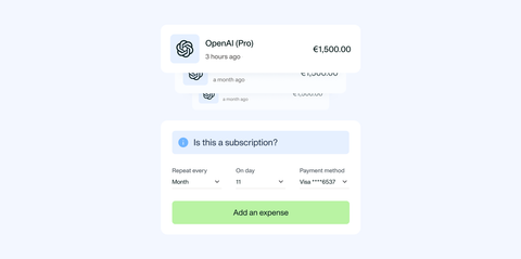 Payhawk interface showing a monthly subscription setup to track and control recurring costs