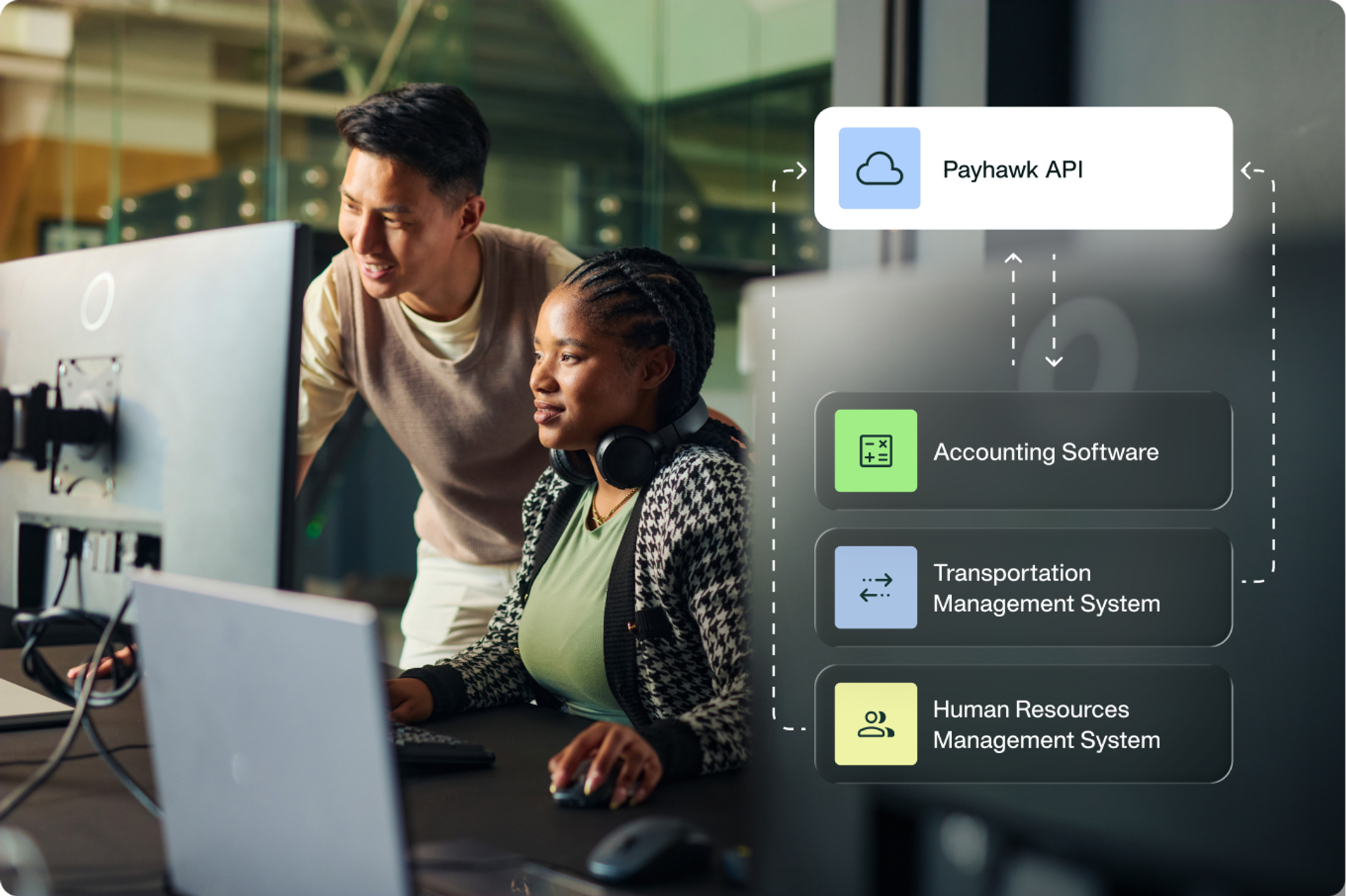 People at laptop + "Payhawk API" and integration categories