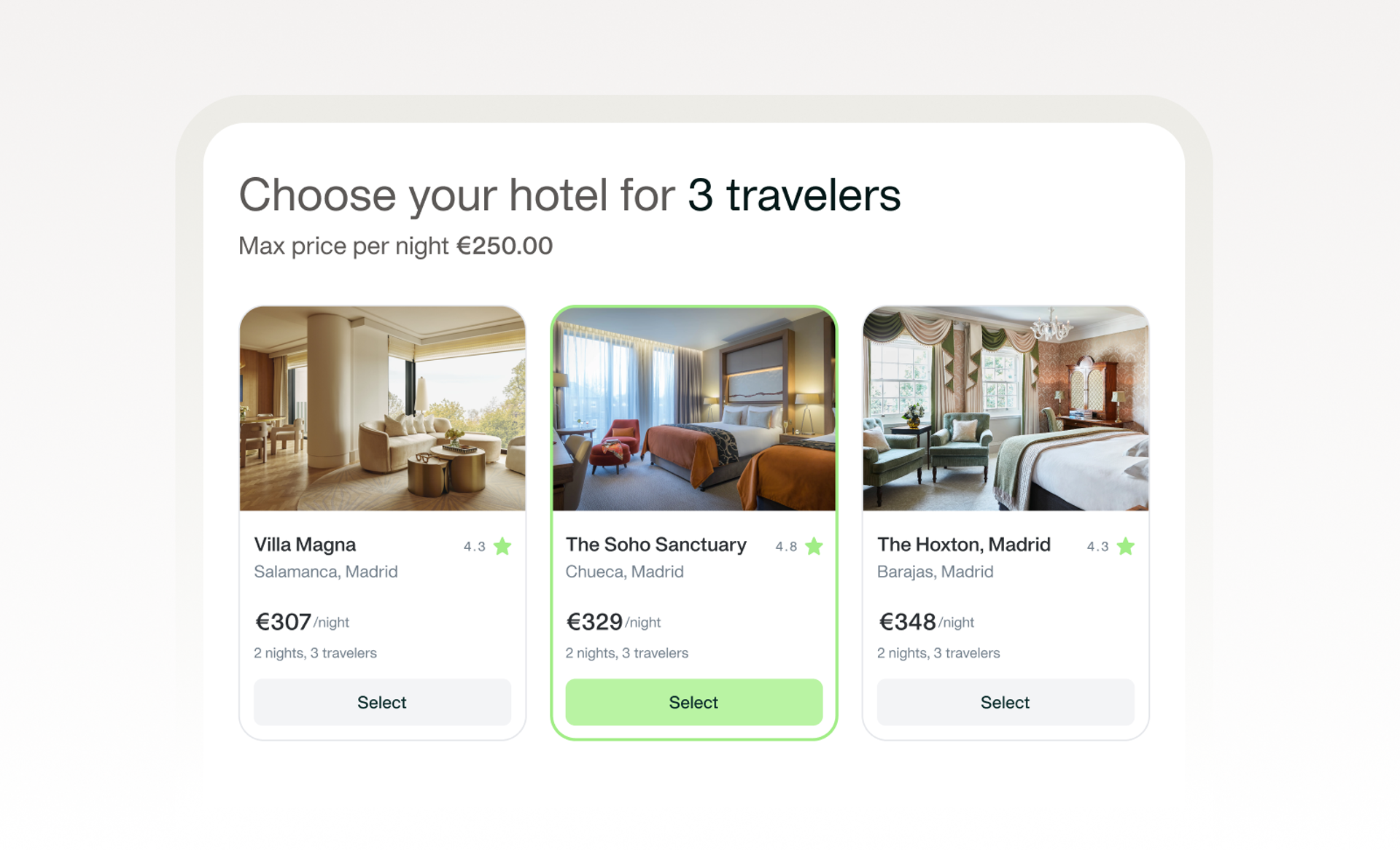 Payhawk travel booking showing hotel options for a group of three travellers