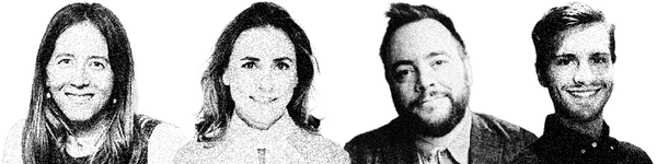 Headshots of four smiling team members in a black and white stippled style, featuring two women and two men.