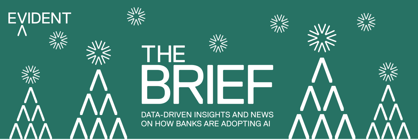 Evident: The Brief newsletter header. Text reads 'Data-driven insights and news on how banks are adopting AI'. Features white stylized Christmas trees and snowflakes on a dark teal background.