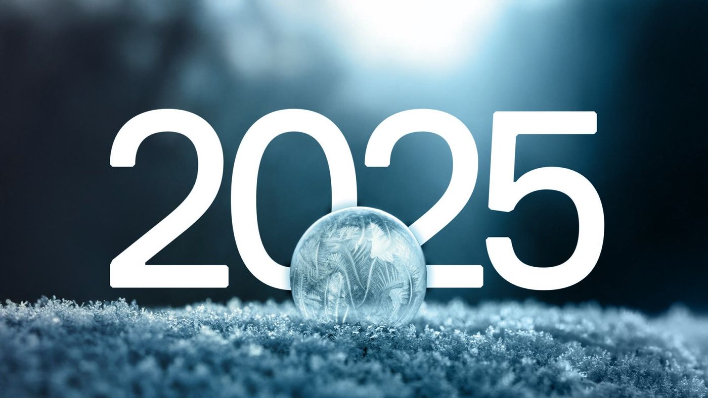 The year 2025 in bold white numbers, with a detailed, icy frozen bubble replacing the zero, resting on a bed of glittering snow.