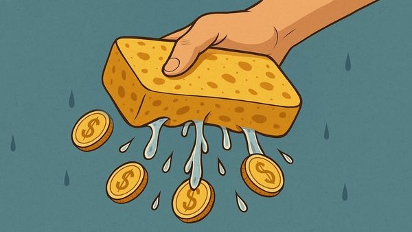 Illustration of a hand squeezing a yellow sponge, with water and gold coins featuring dollar signs dripping out, symbolizing financial extraction or economic pressure.