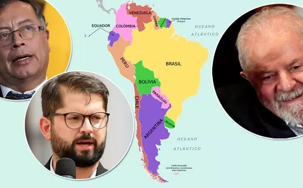 Gustavo Petro, da Colômbia (círculo em cima), Gabriel Boric, do Chile (círculo embaixo), Luiz Inácio Lula da Silva e o Mapa da América do Sul no meio
