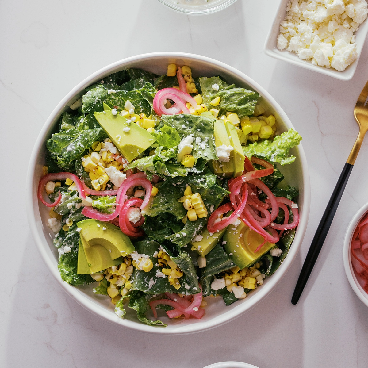 Grilled Corn Avacado Salad With Lemon Feta Dressing
