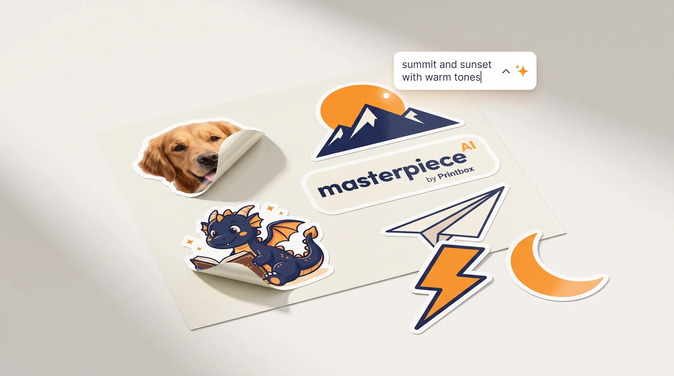 A premium die-cut vinyl sticker sheet of brand merch designs - mascot, monogram emblem, and icon set - generated by Masterpiece AI, print-ready