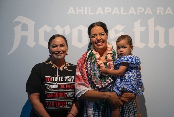Debbie Ngarewa-Packer and artist Ahilapalapa Rands at the opening of Pātaka's Autumn exhibition season