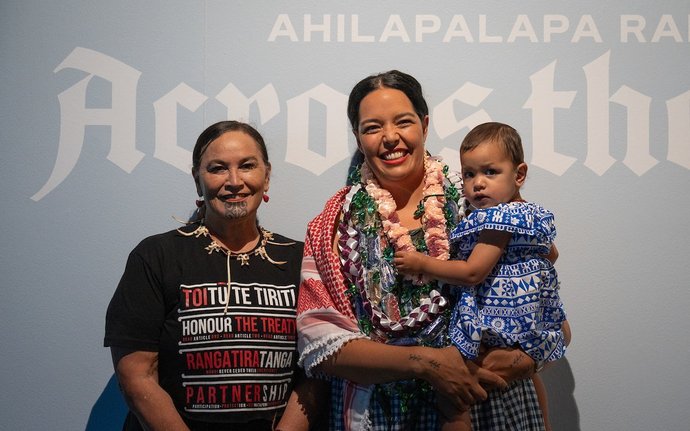 Debbie Ngarewa-Packer and artist Ahilapalapa Rands at the opening of Pātaka's Autumn exhibition season