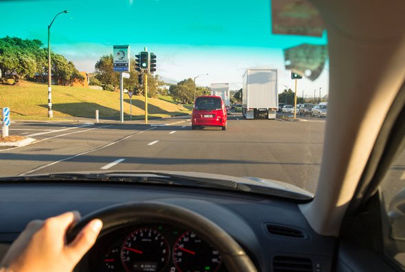 in traffic from inside car