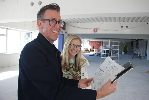 The Settlement's James Walshe with Porirua City Centre and Strategic Property Co-ordinator Abbie McKoy in the new space for The Settlement.