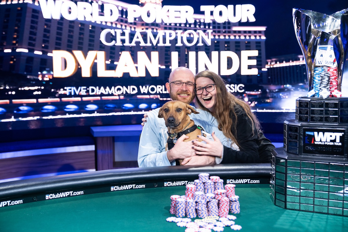 Dylan Linde with his girlfriend Alyssa and their dog River after he took down the biggest tournament of his career. (Photo courtesy of the WPT.)