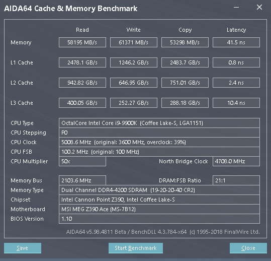 Výsledky pamětí při CPU 5,0 GHz a paměti 4200 MHz