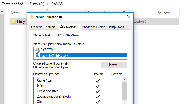Nastavení práv NTFS