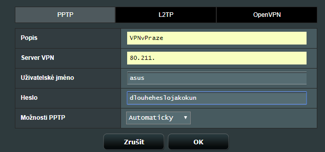 Vytváření VPN připojení uvnitř ASUS