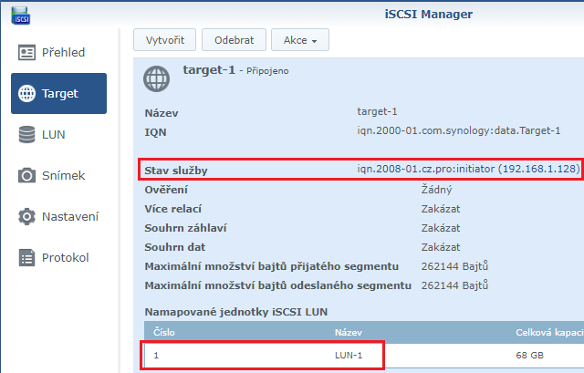 Stav na straně NAS, pokud je iSCSI aktivní