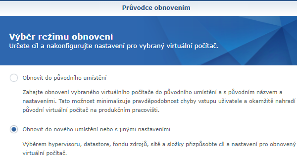 Výběr, kam se má virtuální počítač obnovit