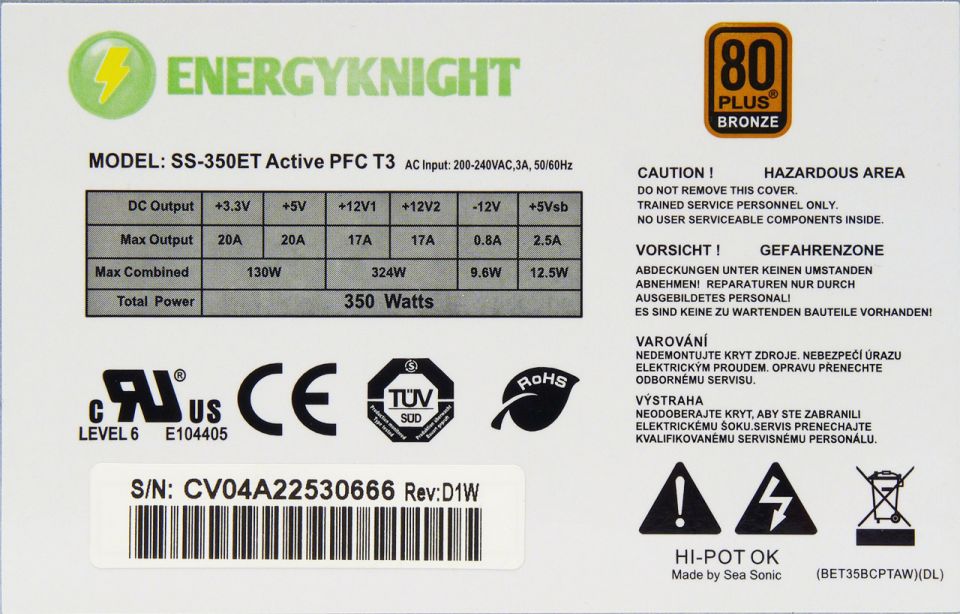 EnergyKnight SS-350ET-T3: nejlevnější ATX Seasonic 