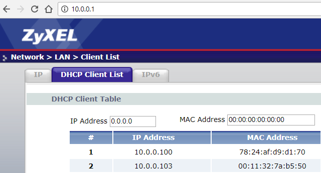 Seznam rezervací DHCP v modemu