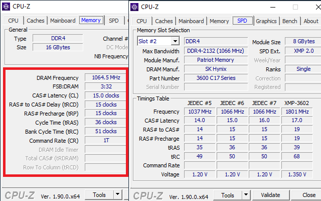 CPU-Z Výchozí nastavení pamětí