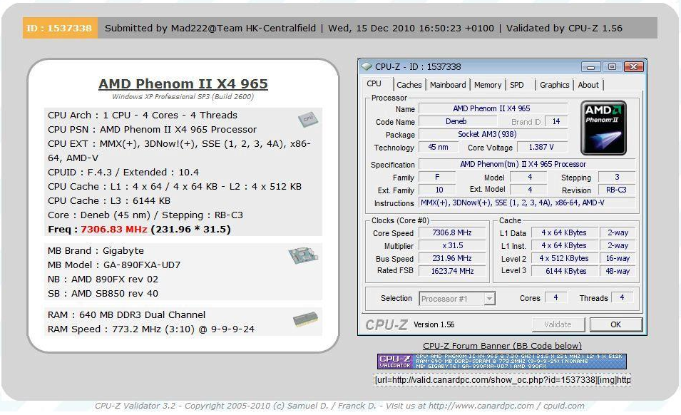 Procesor Phenom II X4 965 BE popohnán na frekvenci 7,3 GHz [extrémní přetaktování]