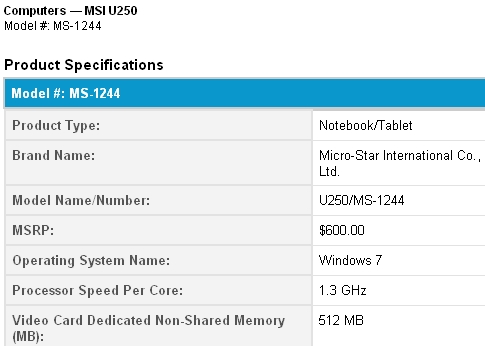 MSI Wind U250 - odhalené specifikace