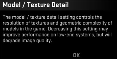 Model/Texture Detail High (po najetí myší se zobrazí Low)
