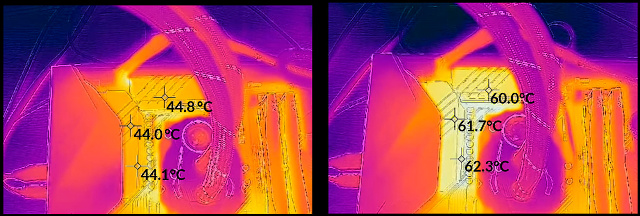  Nalevo teplota VRM s ventilátorem a napravo bez něj