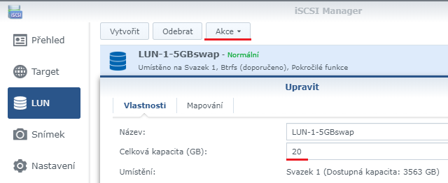 Rozšíření velikosti LUN