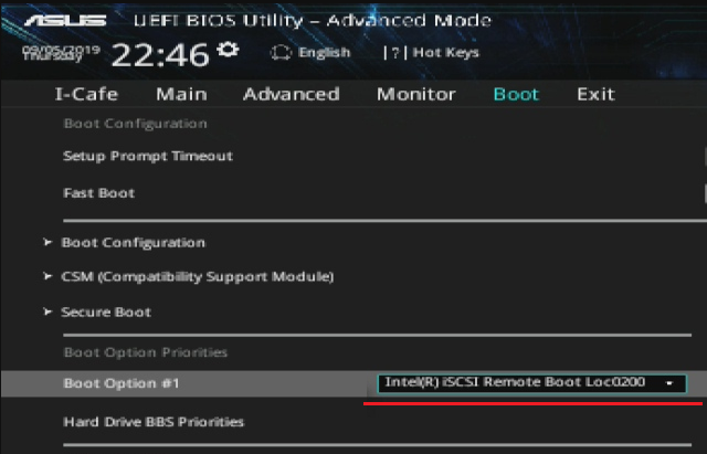 V setupu je vidět volba pro start z iSCSI