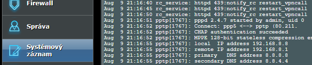 Log připojení v ASUS