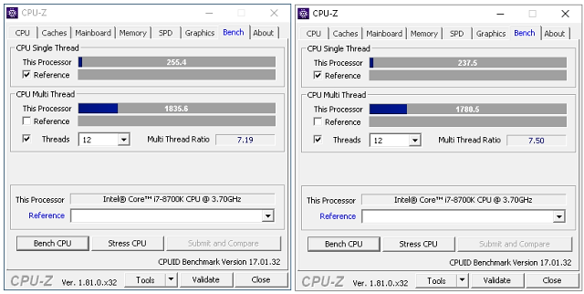 Výkon CPUz, nalevo MSI Infinite X, vpravo Core i7-8700K default